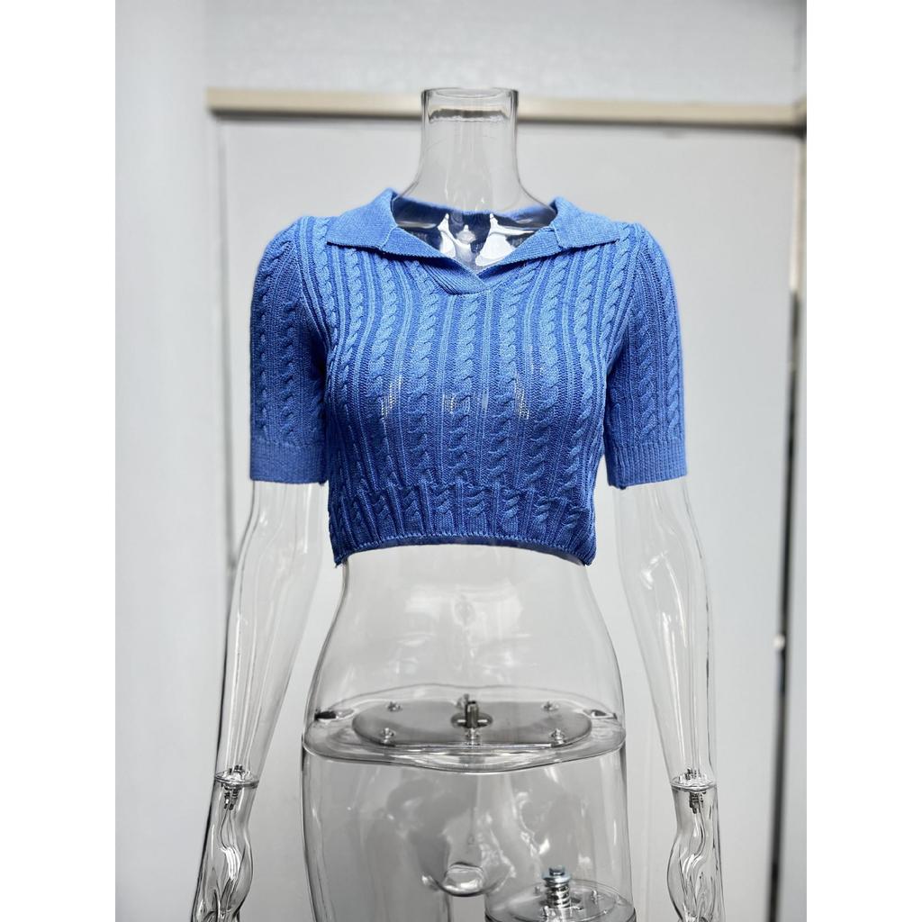 T-shirt tinta unita a maniche corte slim lavorata a maglia moda donna estiva