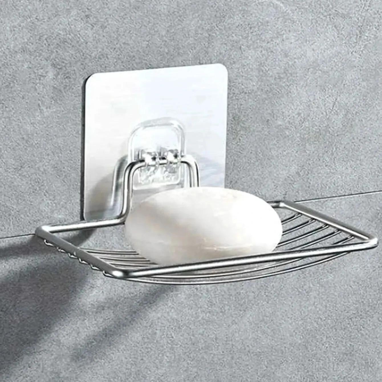 

1pc Stainless Steel Soap Rack Box Wall Mounted Single Layer No Drilling Bathroom Storage