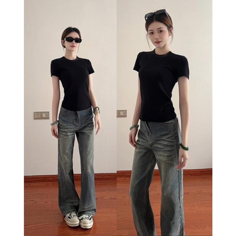 

Футболка с прямыми плечами и короткими рукавами для женщин на лето, весну и осень. Короткая прилегающая к телу майка с рукавом до локтя. Весенний наряд. XL чёрный