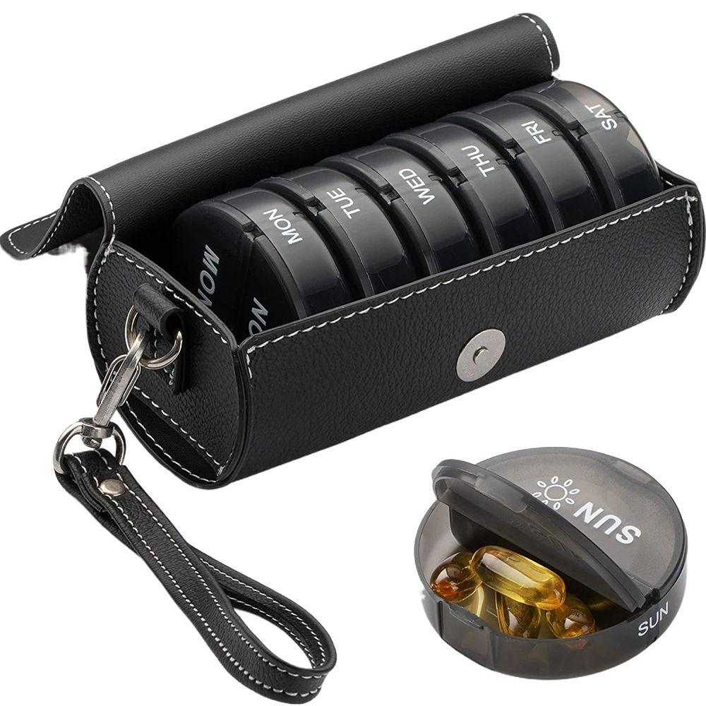 PU Leather 7-Day Pill Organizer Drug Container Week Mark 14-Grid Vitamin Storage Portable AM/PM Compartments Daily Pill Box