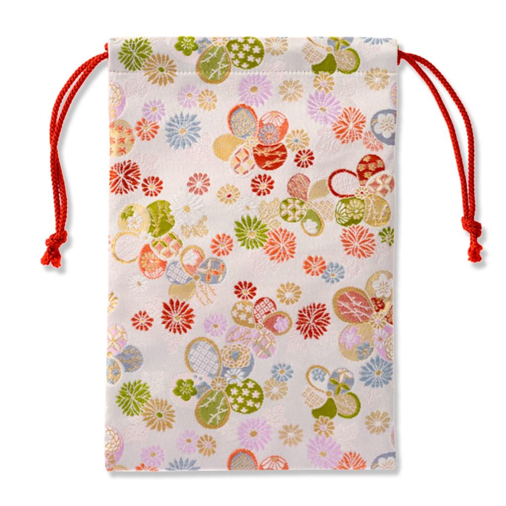 Kyoto Geibido Nishijin Brocade Drawstring Bag for Goshuincho Made In Japan (Seal Book) (White Flower)