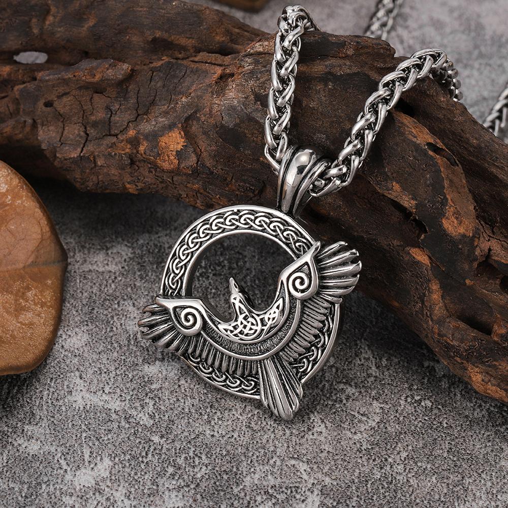 Nordic Viking Stainless Steel Engraved Raven Pendant New European & American Style Titanium Steel Men's Necklace Acces