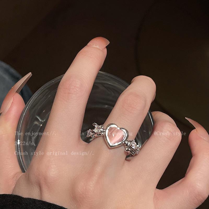 Pink Cat s Eye Heart Ring – Trendy Adjustable Open Design for Women