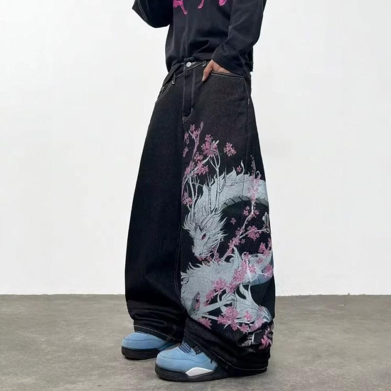 Damskie Jeansowe Spodnie z Wysokim Stanem i Szerokimi Nogawkami z Nadrukiem Smoka Styl Streetwear Codzienne Spodnie