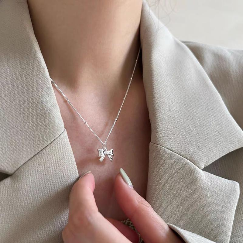 925 Silver Korean Fashion Shiny Smooth Bow Necklace Exquisite Silver Choker Necklace Ladies Wedding Party Fine Jewelry Wholesale