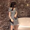 Summer New Retro Chic Plaid Super Fairy Dress Girl Slim V-neck Waist Temperament Skirt Woman