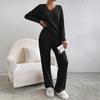 Autumn and winter cross-border European and American new fashionable casual straight-leg pants, elegant loose V-neck groove strip two-piece set 