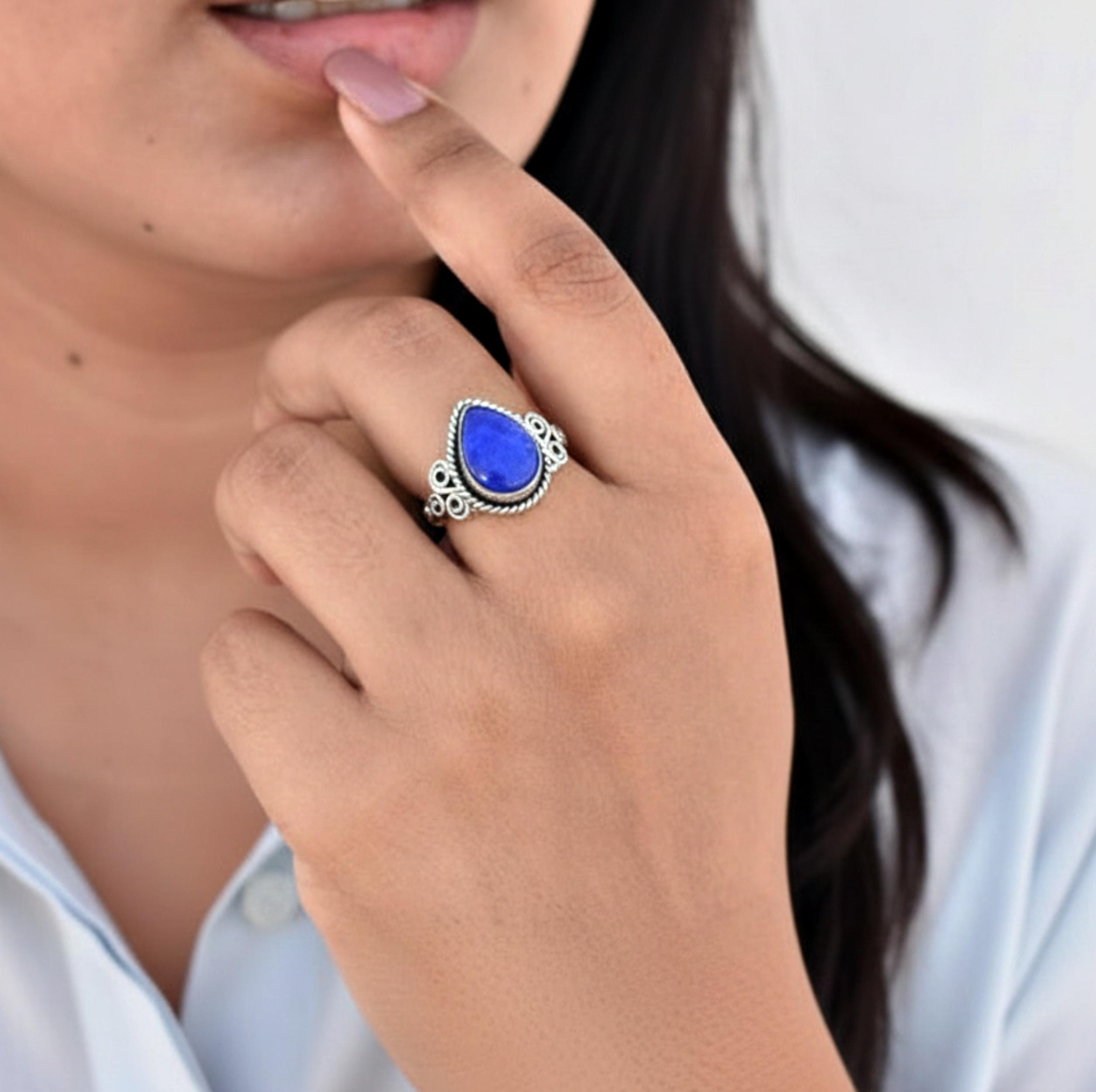 

Lapis Lazuli 925 Sterling Silver Ring for Women – Natural Deep Blue Teardrop Gemstone Ring, Bohemian Jewelry 12 серебряный