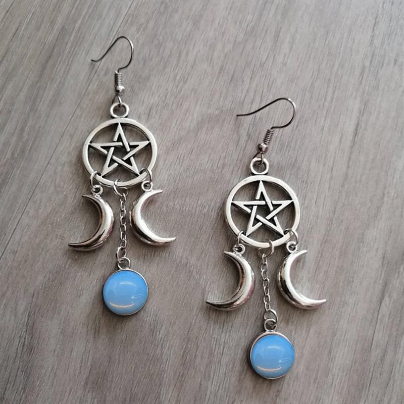 New Pentagram Triple Moon Purple Stone Earrings Natural Stone Earrings