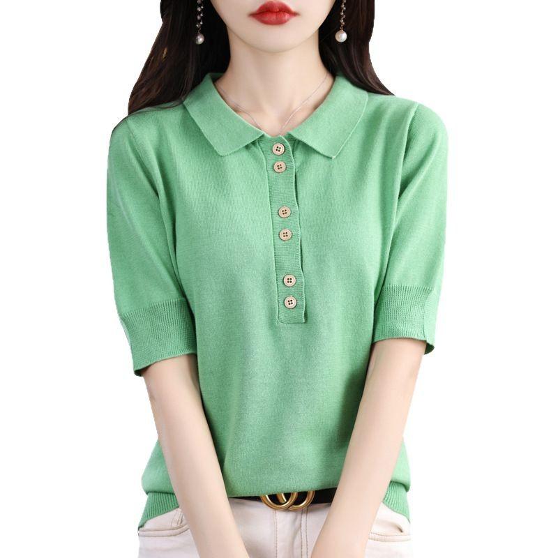 Summer Sweater Short-sleeved Womens Button One Tone Pullover Bottom Blouse Top