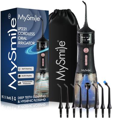 MySmile LP221 Akku-Munddusche mit Hygiene 335ml Groß Tragbar OLED 4 8 Aufbewahrungsbeutel für Zuhause und Reise Management, Kapazität, Anzeige,