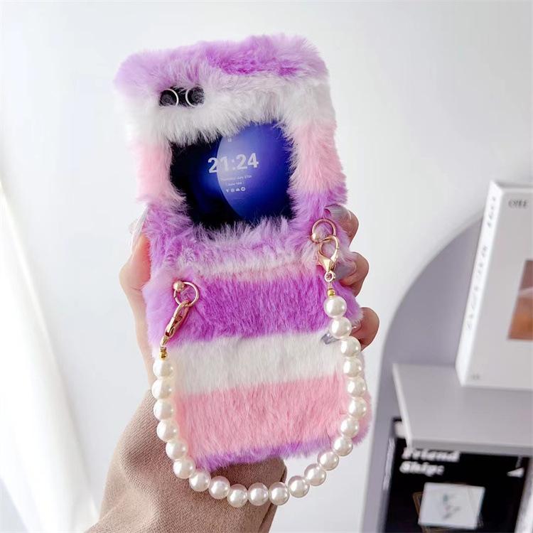 Applicable To Samsung ZFlip5 Plush Folding Mobile Phone Case Pearl Bracelet Zflip3 Contrasting Color Fluffy Case Zflip4 Set
