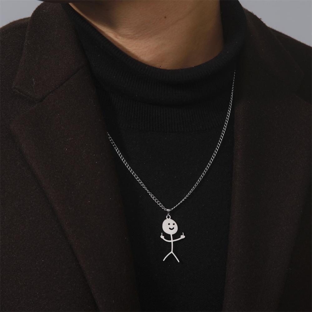 My Shape Hip Hop Fuxk You Funny Doodle Pendant Necklaces for Men Woman Stainless Steel Stickman Middle Finger Rock Punk Jewelry