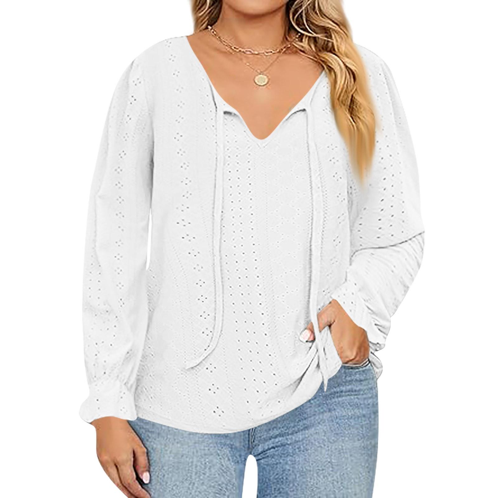 

Женская мода однотонный повседневный топ с V-образным вырезом и длинным рукавом XL белый