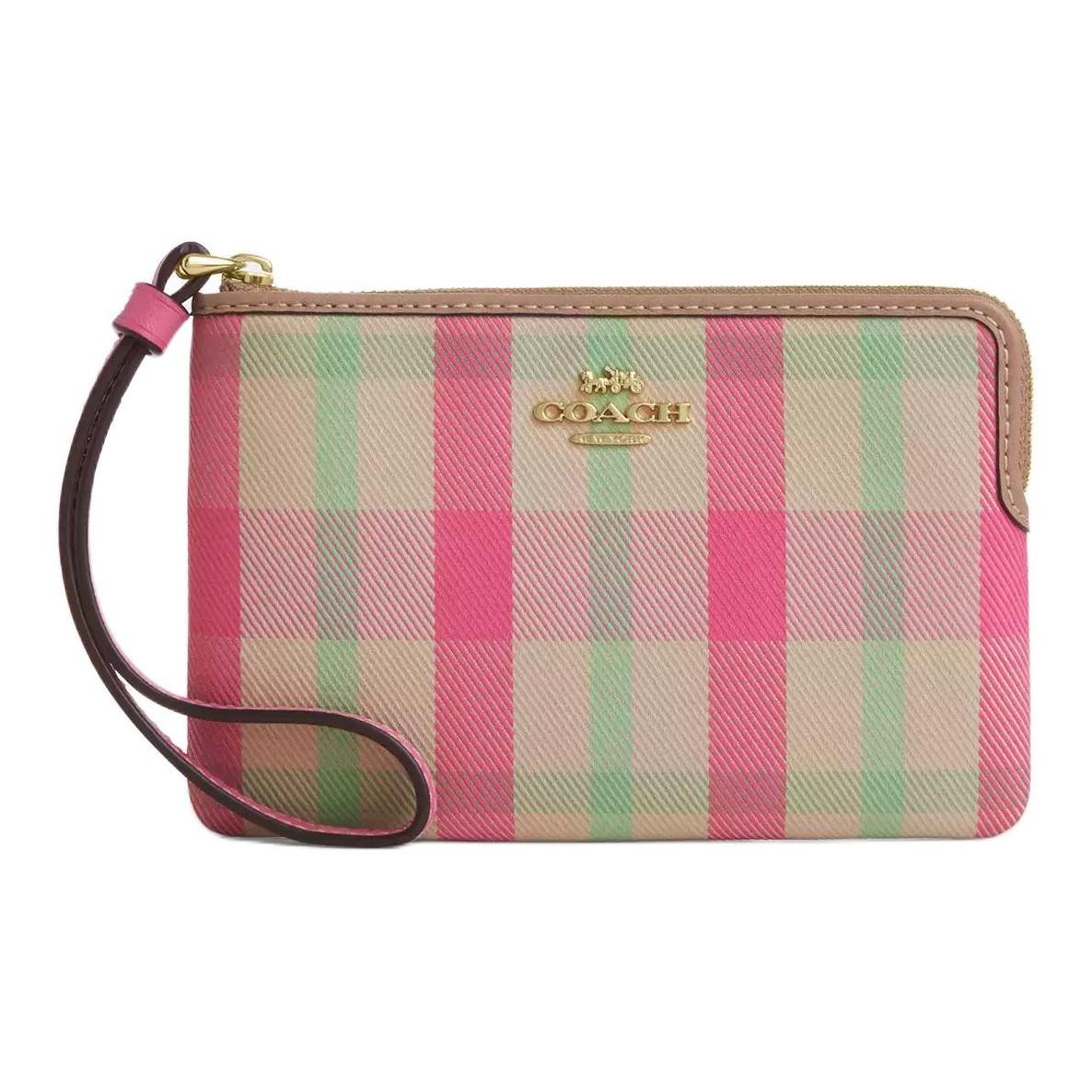 Coach Corner Zip 15 Checkered Print Corner Zip Wristlet Women Wallet Pink CBP18-IMPMC Pink 14960₽