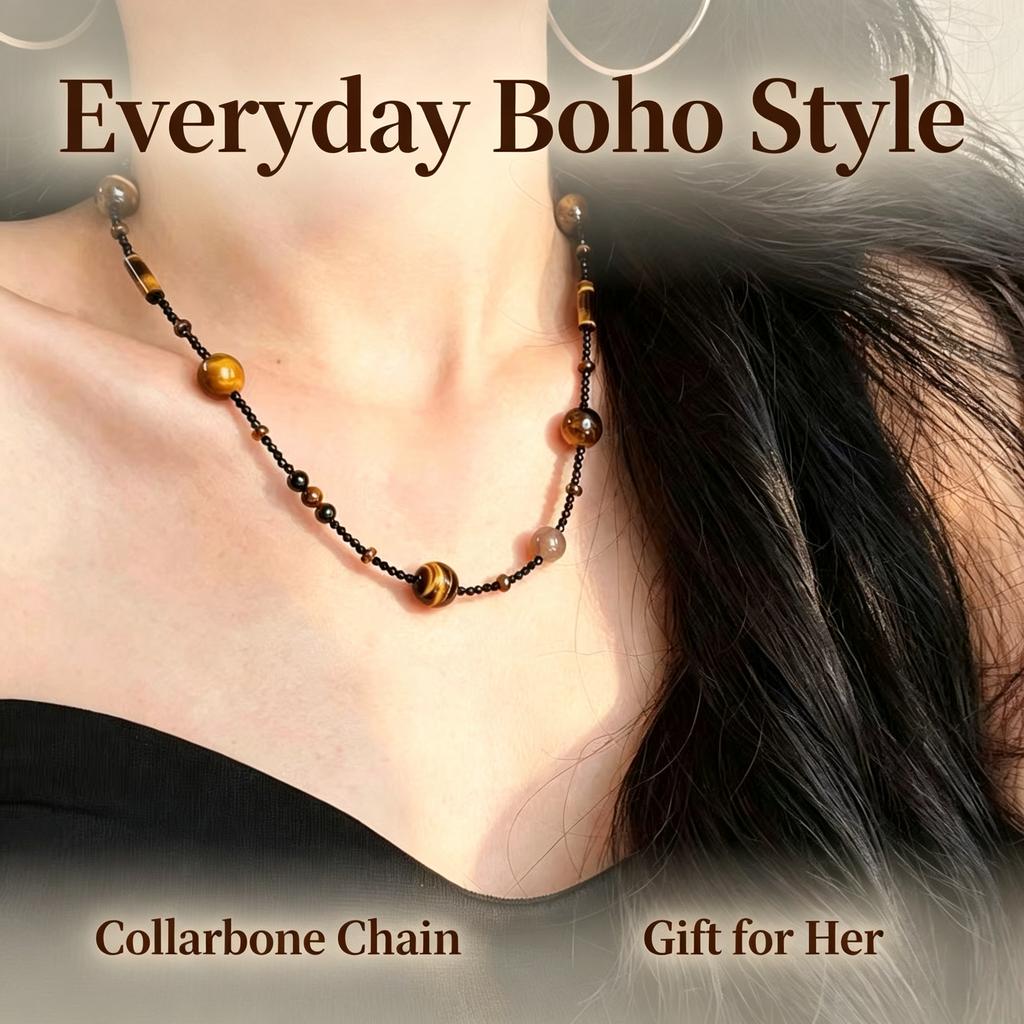 Natural Tiger Eye Beaded Necklace Starry Choker Boho Collarbone Chain