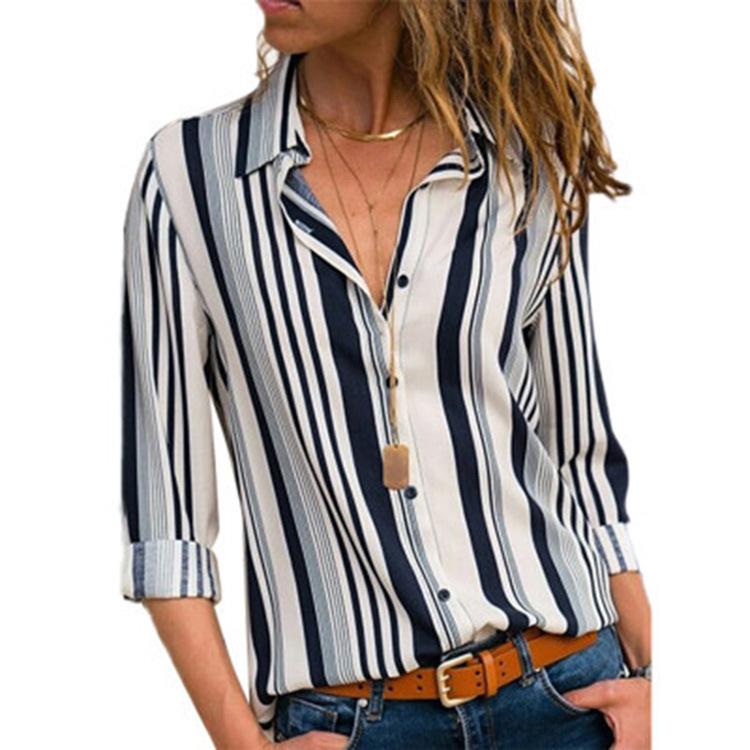 European & American Striped V-Neck Chiffon Long Sleeve Women's Top