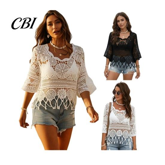 Blusa de Ganchillo Holgada para Mujer, Tops Redondos con Mangas Acampanadas de 3/4, Cubre Ropa Hueca de Manga Tres Cuartos, Tops de Punto con Protección Solar para Verano en la Playa