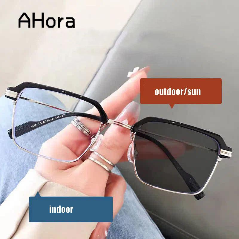 Photochromic Shade Reading Glasses Metal Half Frame Sunglasses Prebyopia Eyeglasses Ultralight For Women&Men 0 +1.0+1.5+2+2.5+4