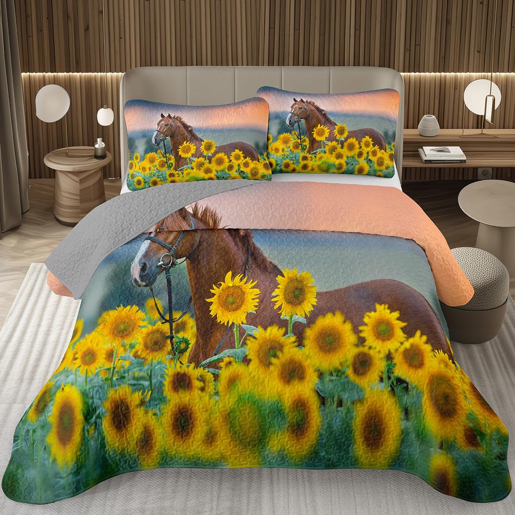 Wild Horse Bedspread Queen/Full Galloping Horse Pattern Quilted Bedding Set Farm Animal Coverlet Set Reversible Rustic Bed Cover