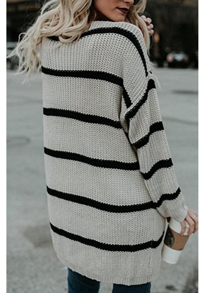 European & American Women's Mid-Length Striped Cardigan with Double Pockets - 2026 Autumn/Winter Collection