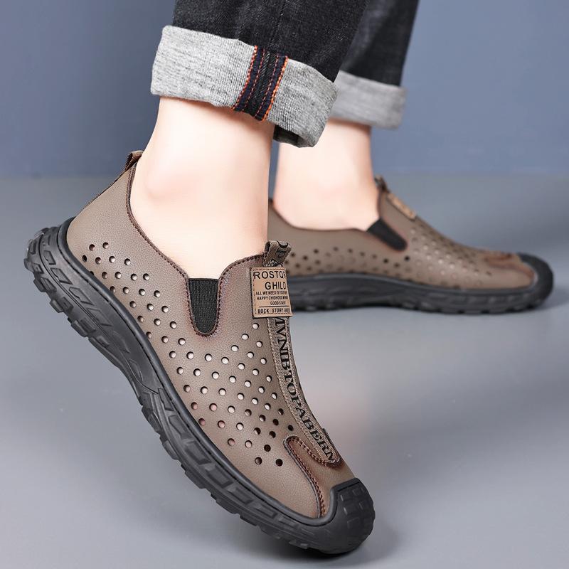 Fashion 2024 Summer New Designer Men's Leather Sandals Business Casual Hollow Out Loafers Male Breathable Lazy Bean Shoes for Man