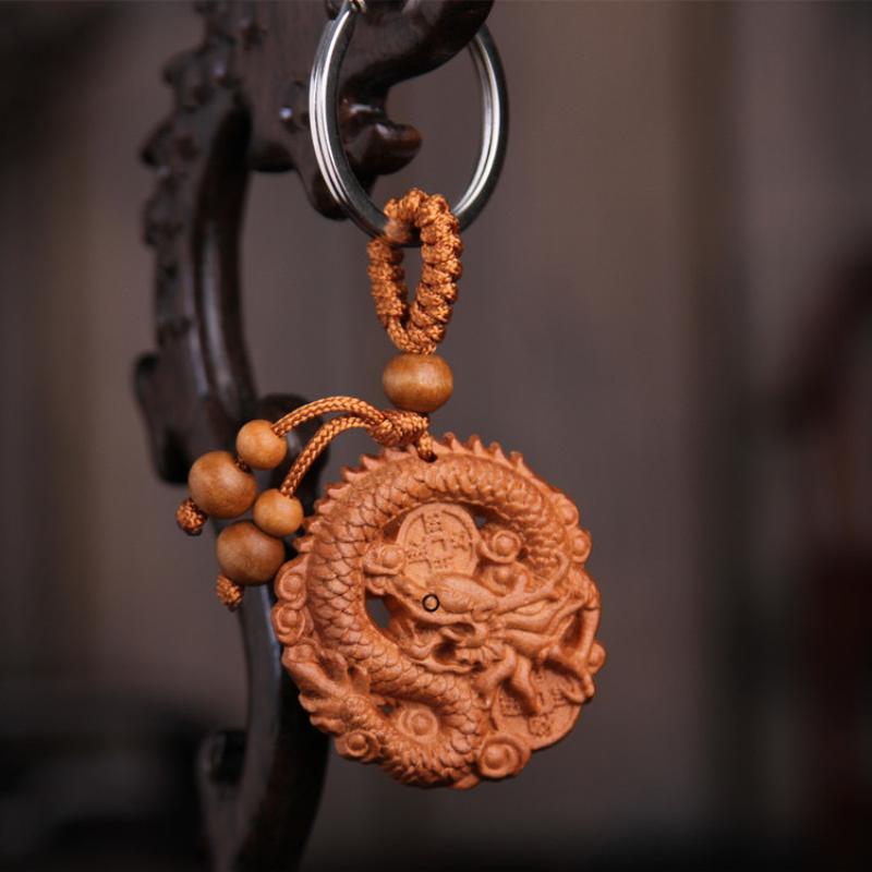 Animal Creative Fengshui Ethnic Lucky Mascot Gift Car Key Ring Chinese 12 Zodiac Keychain Engraving Wood Keyring