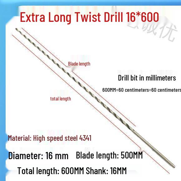 Extra Long 5060 Cm Twist Drill Bit, 500mm High-Speed Steel, Straight Shank for Deep Hole Drilling In Stainless Steel, Wood, 468 Industrial Series.