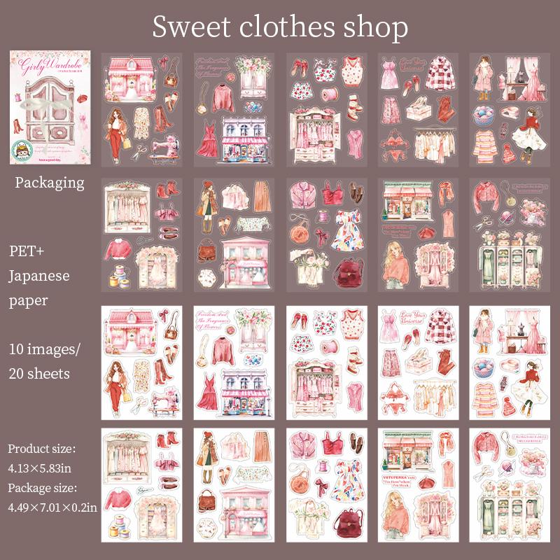 20Sheets/bag Creative Wardrobe Themed Dual Material Stickers Notebook Sticker Diary Clippings Collages Background DIY Decoration