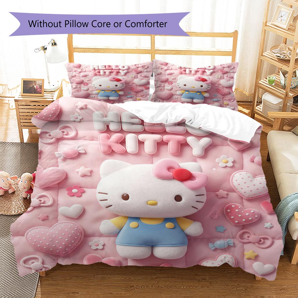 Hello Kitty Pink Pattern Bedding,Quilt Set Quilt Cover Pillowcase Home Birthday Gift(1 * duvet cover + 2 * pillowcase, without core)
