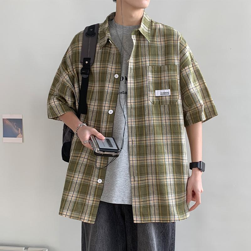 2024 Spring/Summer Plaid Short-Sleeve Loose Shirt for Male Students