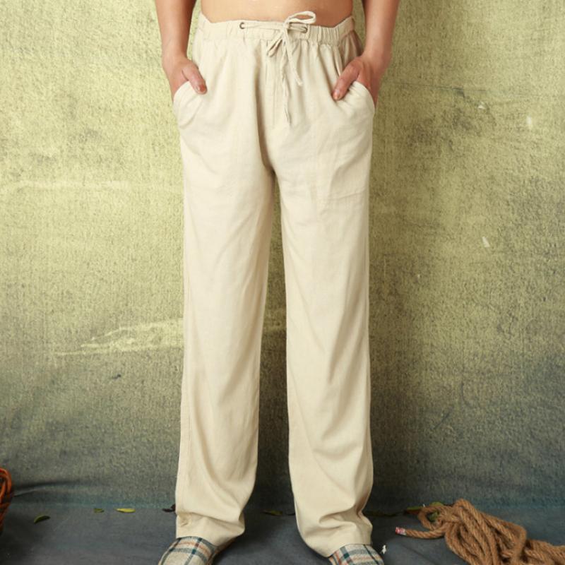 Мужские льняные хлопковые брюки, Летние свободные легкие повседневные льняные брюки, Мужские повседневные домашние комфортные брюки 4x хаки