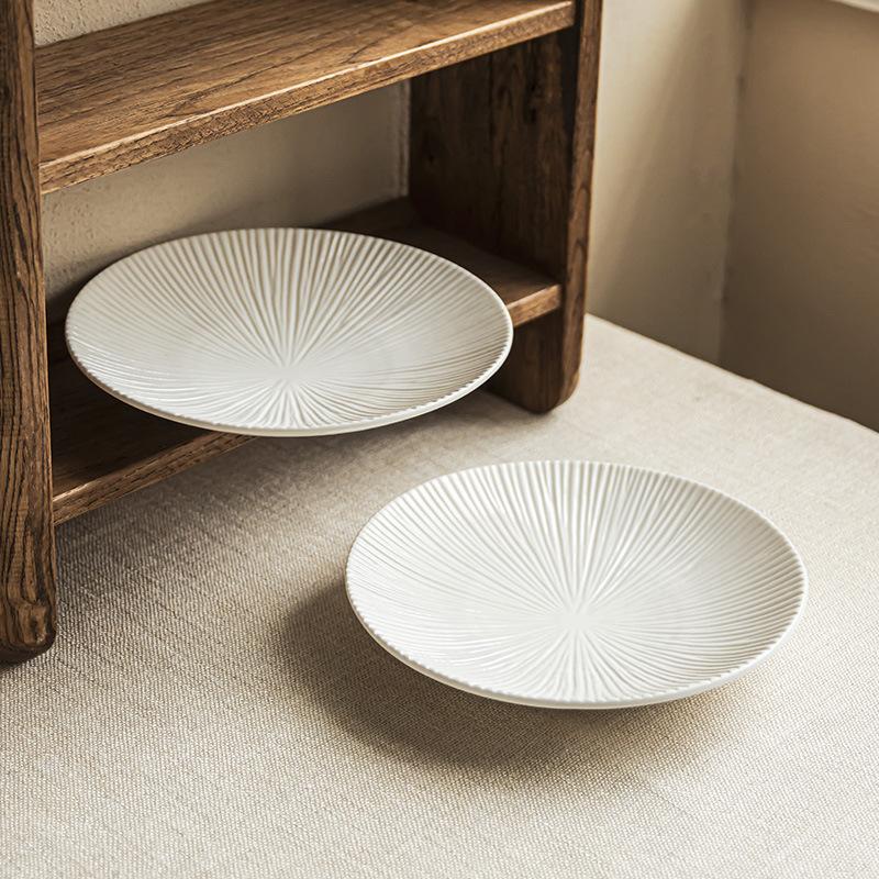 Solid Color Relief Striped Plate, Simple High-Footed Plate, Ceramic Plate, Household Vegetable Plate, Restaurant, Round Plate, Dinner Plate
