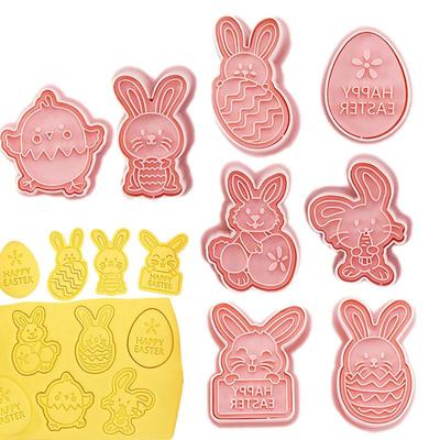 8Pcs Easter Cookie Cutters Mold DIY Rabbit Eggs Shapes Cookie Cutters 3D Cartoon Embossing Mold Cookie Stamp Baking Cake Tools