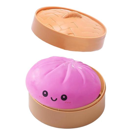 Smiling Steamed Bun Stress Ball with Steamer Anti-Anxiety Cartoon Dumpling Squeeze Toy Soft Simulated Dough Ball Fidget Sensory Toy
