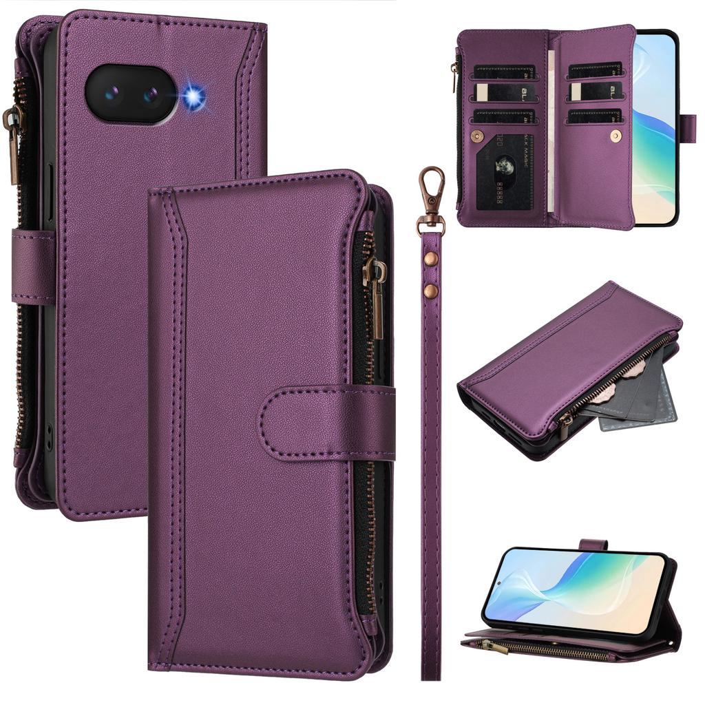 For Google Pixel 9a Leather Case 9 Card Slots Zipper Wallet Stand Phone Cover with Wrist Strap