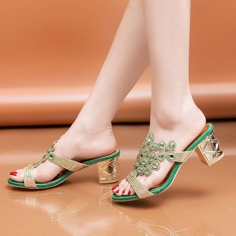 Woman Slippers Heeled Sandals Outside Rhenstone Shoes for Women New Collection Slides On Sale Casual Fashion 2025 Trend Pvc Shoe