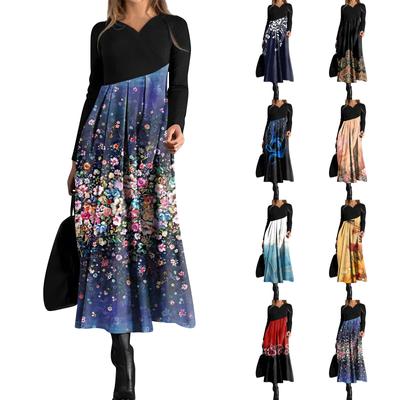 Ladies' Casual V-neck Long Sleeved Dress Printing Loose And Oversized Dress