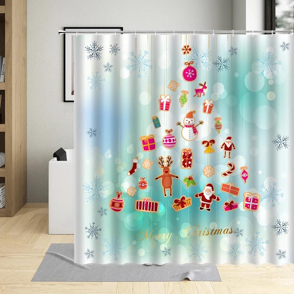 Christmas Shower Curtain Colorful Graphic Baubles Retro Snowflake Ornaments Celebration Hand Writing Fabric Bathroom Decor Sets
