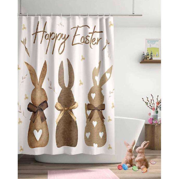 Happy Easter Shower Curtain Bunny Bathroom Curtains with Hooks, Waterproof Fabric Flower Carrot Rabbit Shower Curtains Set for Bathroom Bathtubs