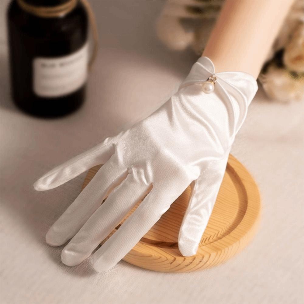 Elegant Five Finger Bridal Gloves Pearl White Black Full Finger Gloves Lolita JK Driving Mittens Women Girls