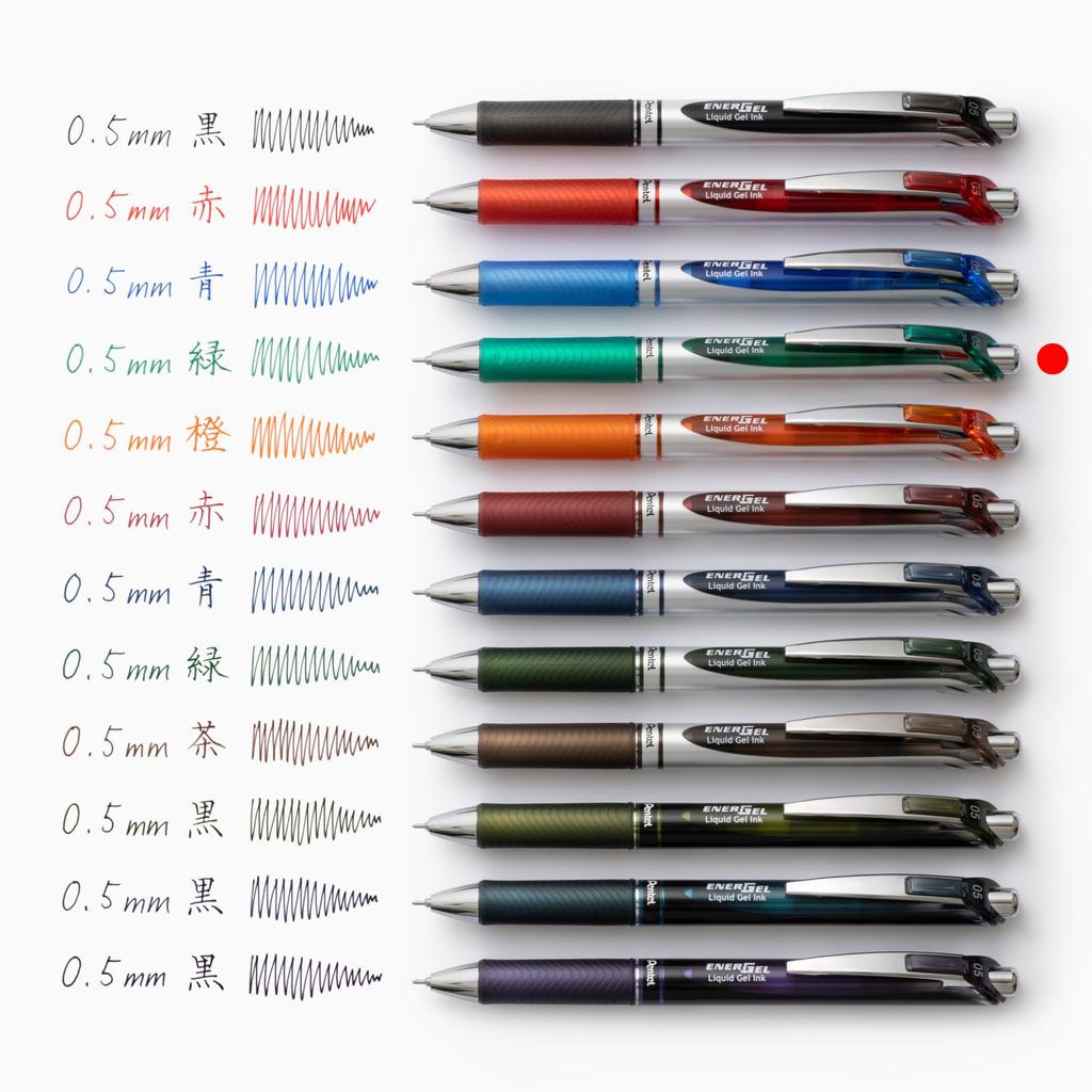 Pentel EnerGel Gel Ballpoint Silver 10 Pens Pen, Retractable, 0.5mm, Barrel, Green,