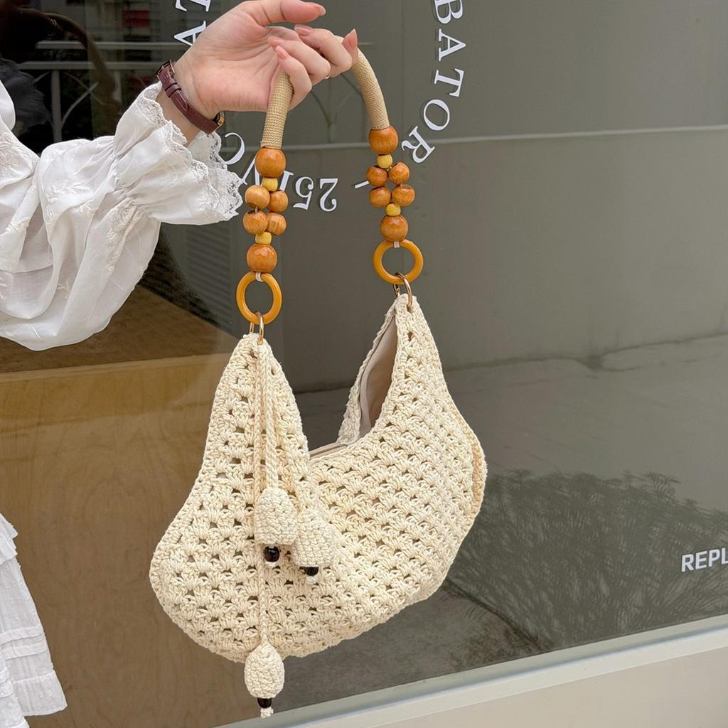 Woven Bag - Women's Beaded Artsy Style Hollow Large Capacity Beach Style Shoulder Bag