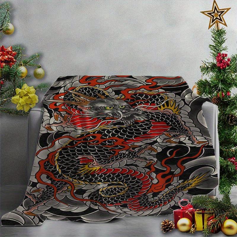 Japanese Dragon Pattern Printed Flannel Throw Blanket Comfortable Polyester, for Office Home Lightweight Shawl Winter Warmth