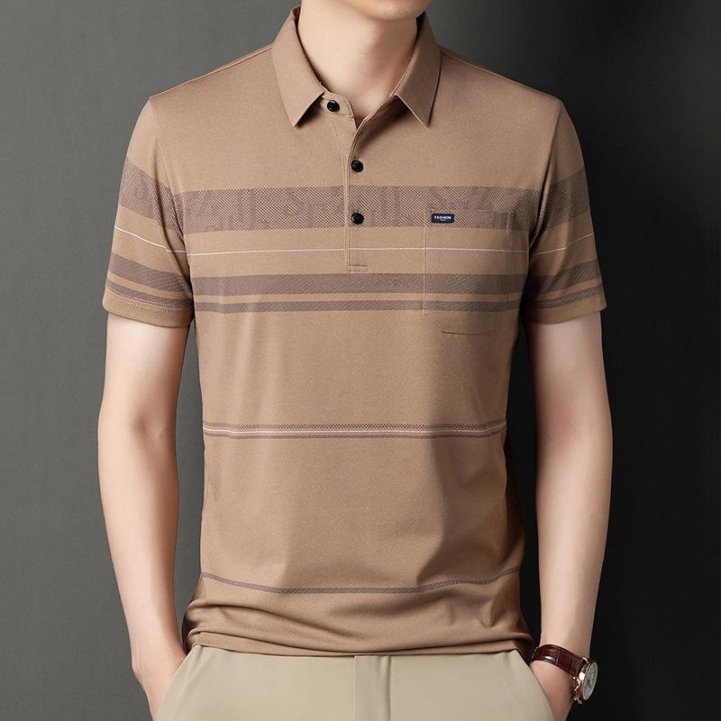Sommer Herren Revers Kurzarm T-Shirt für junge und mittlere Männer Gestreifte Oberteile Taschenversion Dünne Halbarm Casual Herren Kurzarm