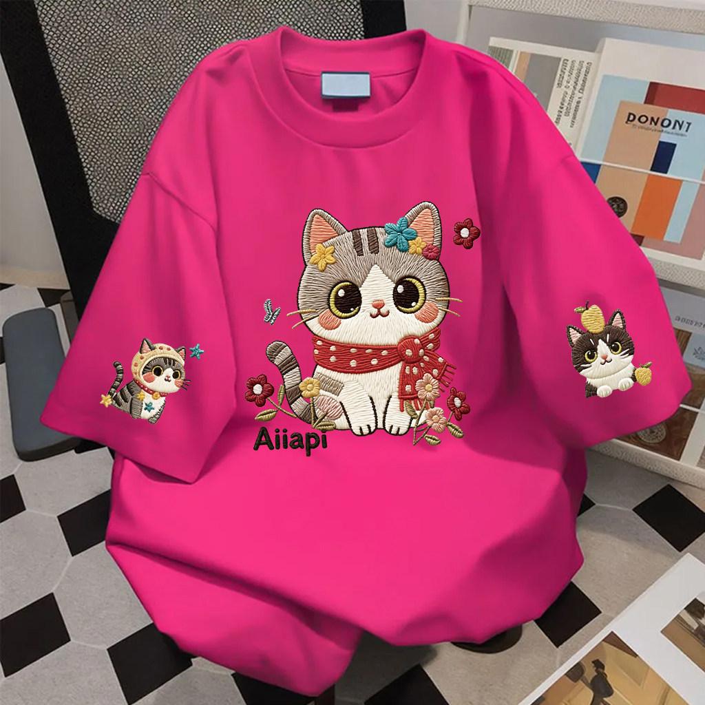 Women's O Neck Short Sleeve Tee Loose Fit Korean Style Cartoon Cat Embroidery Casual Top