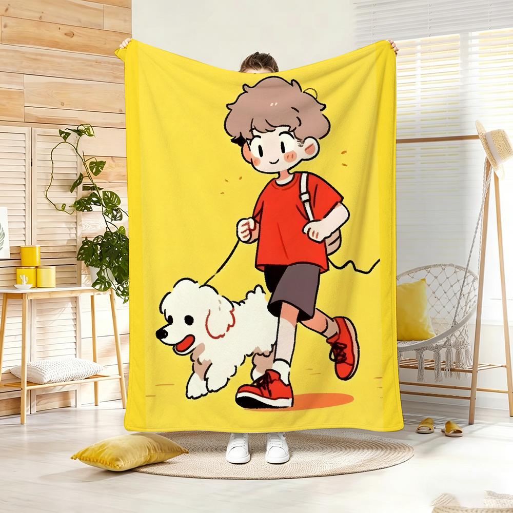 Cartoon Style Pets Warm Companionship Throw Lightweight 240G Flannel Blanket Soft Skin-Friendly For Summer Cooling