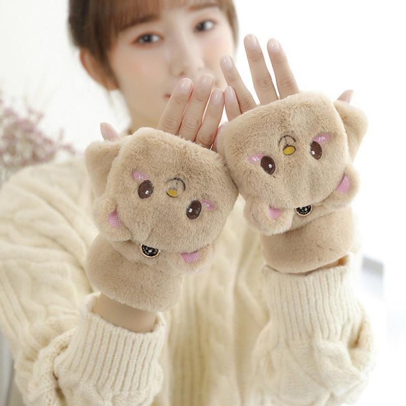 Damskie Pluszowe Ciepłe Rękawiczki Urocze Królik Kot Panda Rękawiczki z Klapką Bez Palców Miękkie Dziewczęce Grube Rękawiczki Elastyczne Półpalcowe Zimowe