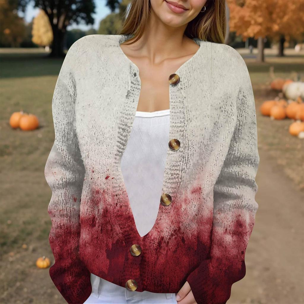 Women's Fashion Printed Long Sleeve Knitted Cardigan Button Down Jacket