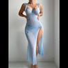 European and American Style Light Blue Lace Mesh Backless High Slit Suspender Dress